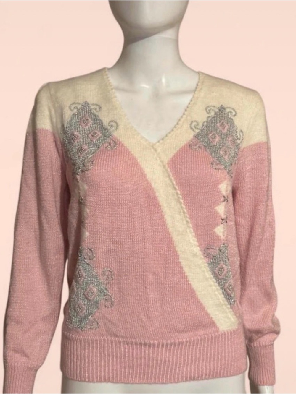 Vintage Jaclyn Smith Pink and Cream V-Neck Sweater with Gray Embellishment